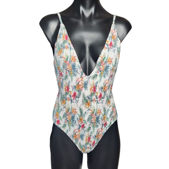 Floral Swimsuit Size 2 Deep V Neck One-Piece Adjustable Straps Stretch White - Picture 1 of 10